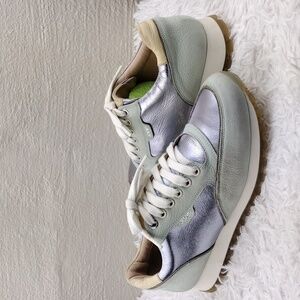 JOOP! Silver Metallic Gray Leather Upper Almond Toe Low Top Lace Up Sneaker